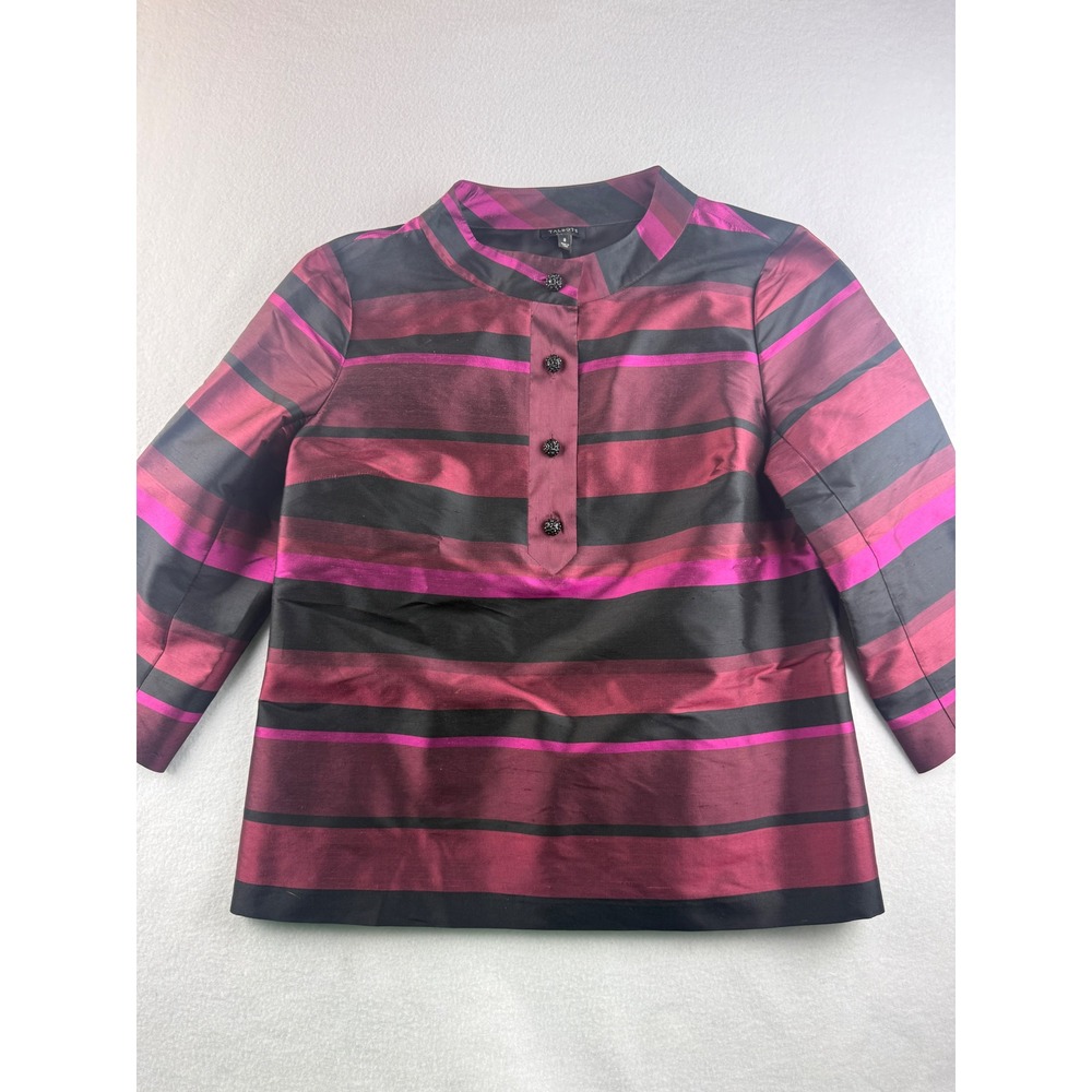 Talbots Silk Blend Striped Tunic Top Size 8 Black Pink Collarless Button Front